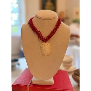 Vintage Red Multi Strand Beaded Necklace | Hand Carved Floral Pendant, Boho Stat